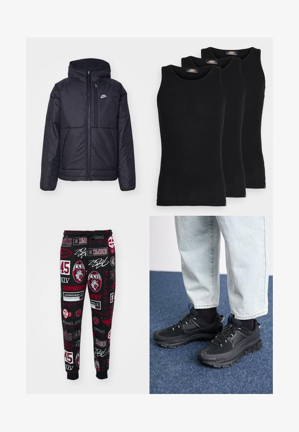 Črna, podložena Nike jakna z sprednjim zadrgo in kapuco. Ima bel logo na levem prsnem delu in dvojna sprednja žepa. Gladka zunanja tekstura.; Črne majice brez rokavov v paketu treh. Rebrasta struktura, standardni okrogel izrez, brez rokavov. Rob ima majhen logotip blagovne znamke na dnu.; Črne trenirke z mešanico rdečih in belih grafičnih printov, vključno z logotipi in številkami, z elastičnimi manšetami in vrvico v pasu.; Črne športne čevlje z teksturirano tkanino in gumijastimi podplati, ki imajo elastične vezalke ter modre poudarke na peti. Nosi se z lahkimi denim hlačami.