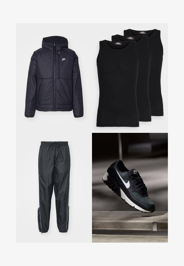 Juodas, paminkštintas Nike džemperis su priekyje užtrauktuku ir gobtuvu. Pasižymi balta logo kairėje krūtinės pusėje ir dviem priekinėmis kišenėmis. Su lygiu išoriniu paviršiumi.; Juodi maikutai trijų pakuotėje. Raštuota tekstūra, standartinė apvalia iškirpte, be rankovių. Apačia papuošta mažuoju prekės ženklu.; Juodos vandeniui atsparios kelnes su elastinga raištelių juosta, su siaurėjančiais apačiais ir šoninėmis kišenėmis, puikuojančiomis baltomis detalėmis ir ženklinimu.; Juoda ir žalia sportinė avalynė su raštuotu tinklu viršuje, balta Swoosh logotipas, paminkštinta apykaklė ir matoma oro pagalvė pado viduje.