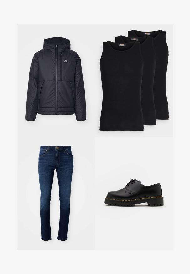 Veste Nike noire rembourrée avec une fermeture éclair sur le devant et une capuche. Elle présente un logo blanc sur la poitrine gauche et deux poches avant. Texture extérieure lisse.; Débardeurs noirs vendus par pack de trois. Texture côtelée, encolure ras du cou standard, sans manches. L'ourlet présente un petit logo de la marque en bas.; Jean en denim bleu foncé avec une coupe droite classique, doté d'une fermeture à bouton et de cinq poches. Le tissu a une texture lisse.; Chaussure en cuir noir à lacets avec un bout arrondi, semelle en caoutchouc texturée et surpiqûre jaune autour de la base. Design plat et finition lisse.