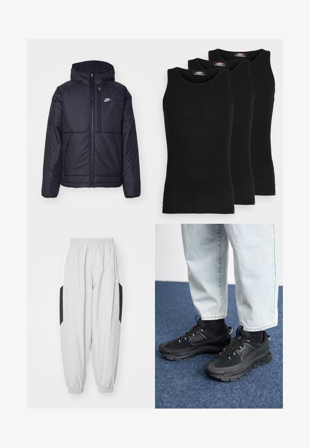 Casaco Nike preto, acolchoado, com fecho à frente e capuz. Apresenta um logo branco no lado esquerdo do peito e dois bolsos frontais. Textura exterior lisa.; Tops de tanque pretos em um pacote de três. Textura canelada, decote redondo padrão, sem mangas. A barra apresenta um pequeno logotipo da marca na parte inferior.; Calças de treino cinzentas claras feitas de um tecido leve, com cintura e punhos elásticos, apresentando painéis laterais contrastantes em preto e branco.; Sapatilhas desportivas pretas com tecido texturizado e solas em borracha, apresentando atacadores elásticos e um detalhe azul no calcanhar. Usadas com calças de ganga claras.