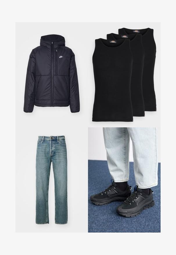 Fekete, párnázott Nike dzseki elülső cipzárral és kapucnival. A bal mellen fehér logó található, valamint két elülső zseb. Simának tűnő külső felület.; Fekete ujjatlan trikók három darabos kiszerelésben. Bordás textúra, klasszikus kerek nyakkivágás. Az alján kis márkajelzés található.; Világoskék farmernadrág, egyenes szabású, öt zsebes kialakítással és látható varrással. Fém gombbal és cipzárral záródik.; Fekete sportcipők texturált anyaggal és gumitalppal, elasztikus fűzőkkel és kék kiegészítővel a saroknál. Világos farmernadrággal viselve.