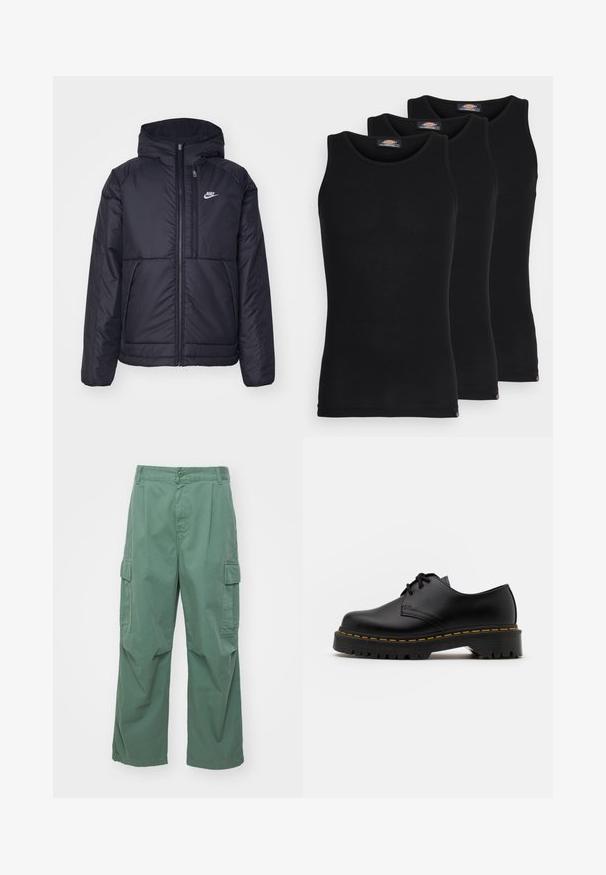 Czarna, pikowana kurtka Nike z przednim zamkiem błyskawicznym i kapturem. Posiada białe logo po lewej stronie klatki piersiowej oraz podwójne kieszenie z przodu. Gładka struktura zewnętrzna.; Czarne koszulki na ramiączkach w zestawie trzech sztuk. Wyróżniają się żebrową fakturą, standardowym okrągłym dekoltem, bez rękawów. Na dole widoczna mała logo marki.; Zielone spodnie cargo wykonane z bawełny, o luźnym kroju, szerokich nogawkach i bocznych kieszeniach. Tkanina ma gładką fakturę bez wzorów.; Czarne skórzane buty na sznurówki z zaokrąglonym noskiem, teksturowaną gumową podeszwą i żółtym przeszyciem wokół podstawy. Płaski design i gładkie wykończenie.
