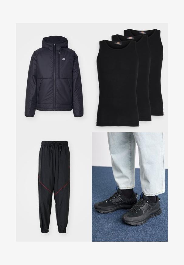 Schwarze, gepolsterte Nike-Jacke mit Frontreißverschluss und Kapuze. Hat ein weißes Logo auf der linken Brust und zwei Fronttaschen. Glattes äußeres Material.; Schwarze Tanktops im Dreierpack. Gerippte Textur, klassischer Rundhalsausschnitt, ohne Ärmel. Der Saum hat am unteren Ende ein kleines Markenlogo.; Schwarze Jogginghose aus leichtem Material mit roten Akzentnähten, einem elastischen Bund mit Kordelzug und elastischen Bündchen.; Schwarze Sportschuhe aus strukturiertem Stoff mit Gummisohlen, ausgestattet mit elastischen Schnürsenkeln und einem blauen Akzent an der Ferse. Getragen mit hellen Jeans.