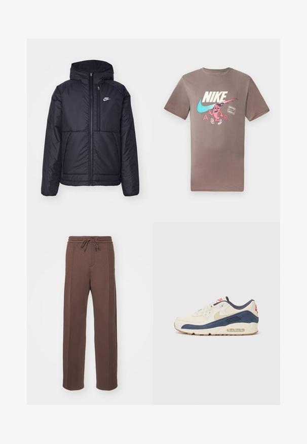 Casaco Nike preto, acolchoado, com fecho à frente e capuz. Apresenta um logo branco no lado esquerdo do peito e dois bolsos frontais. Textura exterior lisa.; T-shirt de algodão castanho com um gráfico colorido de um personagem com óculos de sol, ao lado dos logos da Nike e da Air em cores contrastantes.; Nike Sportswear TAILORED - Calças de fato de treino - baroque brown/(baroque brown); Tênis com parte superior em couro creme e camurça azul-marinho, apresentando uma sola de ar visível, solado em borracha bege e um detalhe vermelho no calcanhar.