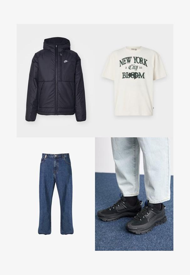 Juodas, paminkštintas Nike džemperis su priekyje užtrauktuku ir gobtuvu. Pasižymi balta logo kairėje krūtinės pusėje ir dviem priekinėmis kišenėmis. Su lygiu išoriniu paviršiumi.; Grietos spalvos medvilnės trumpomis rankovėmis marškinėliai su spausdinta dizainu, kuriame rašoma "NEW YORK - Miestas Žydėjime" tamsiai žalia spalva.; Tamsiai mėlynos džinsinės kelnės, tiesaus kirpimo, klasikiniu penkių kišenių stiliumi ir matomomis siūlėmis.; Juodi sportiniai bateliai su tekstūruota medžiaga ir guminiais padais, su elastingomis raišteliais ir mėlynu akcentu ant kulno. Dėvimi su šviesiai mėlynomis džinsinėmis kelnėmis.