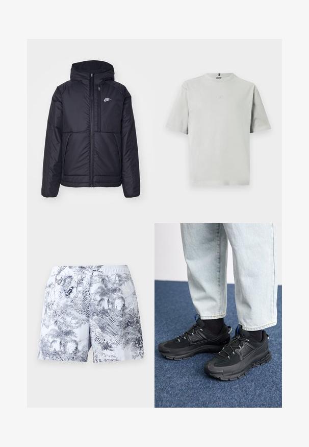 Svart, polstret Nike-jakke med frontglidelås og hette. Har en hvit logo på venstre bryst og doble frontlommer. Glatt ytterside.; Lys grå kortermet bomulls T-skjorte med en liten oval logo plassert sentralt på brystet og rund hals.; Mønstret svømmeshorts med lys blå baggrund, prydet med mørkeblå løv og dyreprints, elastisk talje og logo detaljer.; Svarte sportssko med teksturert stoff og gummisåler, med elastiske lisser og en blå detalj på hælen. Brukt med lyse denimbukser.
