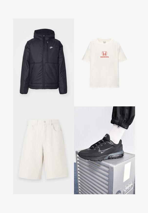 Černá zateplená bunda Nike s předním zipem a kapucí. Na levé straně hrudi má bílé logo a dvojité přední kapsy. Hladký povrch.; Bílá bavlněná tričko s krátkým rukávem. Na přední straně je červené logo "HONDA" nad obdélníkovým emblémem ve středu. Jednoduchý, klasický design.; Světlé béžové denimové šortky s volným střihem, které mají dvě přední kapsy, zipový rozkrok a kovové zapínání na knoflík.; Nike Sportswear PULSE - Tenisky - black/anthracite