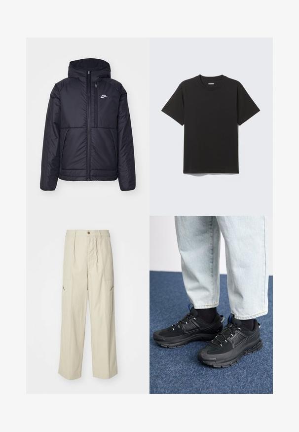 Black, padded Nike jacket with a front zipper and hood. Features a white logo on the left chest and dual front pockets. Smooth exterior texture.; Black short-sleeve T-shirt made of soft cotton, featuring a round neckline and simple design without patterns or accents.; Beige cargo pants with a loose fit, two front pockets, and a slightly textured fabric. Features a button closure and wide-leg design.; Black athletic shoes with textured fabric and rubber soles, featuring elastic laces and a blue accent on the heel. Worn with light denim pants.