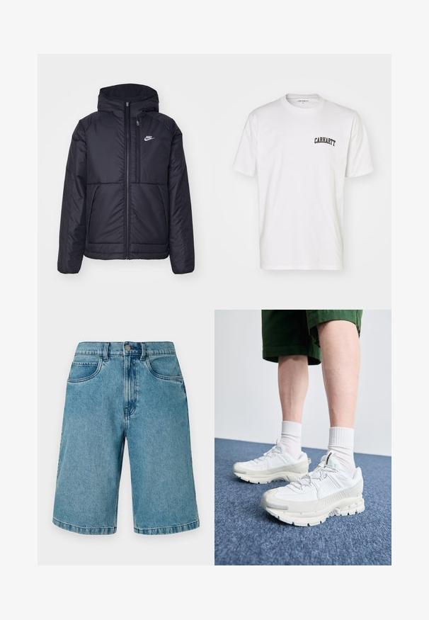 Chaqueta acolchada negra de Nike con cremallera frontal y capucha. Presenta un logo blanco en el lado izquierdo del pecho y dos bolsillos frontales. Textura exterior suave.; Camiseta de algodón blanca con mangas cortas y cuello redondo. Presenta un logo negro de "Carhartt" impreso en la parte superior izquierda del pecho.; Shorts de mezclilla azul claro con un diseño clásico, que cuentan con dos bolsillos frontales, un bolsillo trasero y un cierre de botón en la cintura.; Zapatillas deportivas blancas con superposiciones texturizadas, una suela gruesa y acentos grises. Llevadas con calcetines blancos hasta la pantorrilla y pantalones cortos verdes sobre una superficie azul.