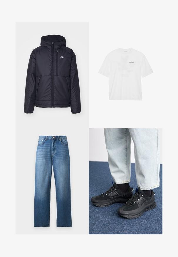 Juodas, paminkštintas Nike džemperis su priekyje užtrauktuku ir gobtuvu. Pasižymi balta logo kairėje krūtinės pusėje ir dviem priekinėmis kišenėmis. Su lygiu išoriniu paviršiumi.; Baltas medvilnės marškinėliai su trumpomis rankovėmis, priekyje yra spaudinys su užrašu "Skristi į Ramybę" juoda ir žalia spalvomis.; Tiesios kojelės mėlyni džinsai su penkiomis kišenėmis ir mygtuko-užtrauktuko uždarymu, pristatyti ant balto fono.; Juodi sportiniai bateliai su tekstūruota medžiaga ir guminiais padais, su elastingomis raišteliais ir mėlynu akcentu ant kulno. Dėvimi su šviesiai mėlynomis džinsinėmis kelnėmis.