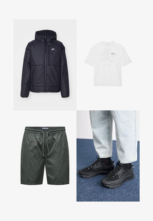 Jachetă Nike neagră, căptușită, cu fermoar pe față și glugă. Prezintă un logo alb pe pieptul stâng și două buzunare frontale. Textură exterioară netedă.; Tricou alb din bumbac, cu manșete scurte, având o imprimare pe față care spune "Zboară spre Tranquilitate" în negru și verde.; Shorts verzi dintr-un material ușor, cu talie elastică și șnur, având o textură netedă și un design simplu.; Pantofi sport negri, cu țesătură texturată și tălpi din cauciuc, având șireturi elastice și un accent albastru pe toc. Purtați cu pantaloni din denim deschis.