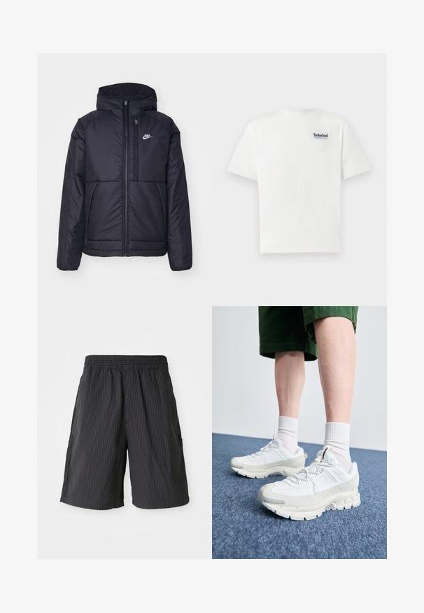 Black, padded Nike jacket with a front zipper and hood. Features a white logo on the left chest and dual front pockets. Smooth exterior texture.; White cotton t-shirt featuring a blue embroidered "Timberland Rugged Active Gear" logo on the upper left chest. Short sleeves and round neck.; Black shorts with a textured, ribbed design, elastic waistband, and two side pockets. Casual style, above-the-knee length.; White athletic shoes with textured overlays, a chunky sole, and gray accents. Worn with white crew socks and green shorts on a blue surface.