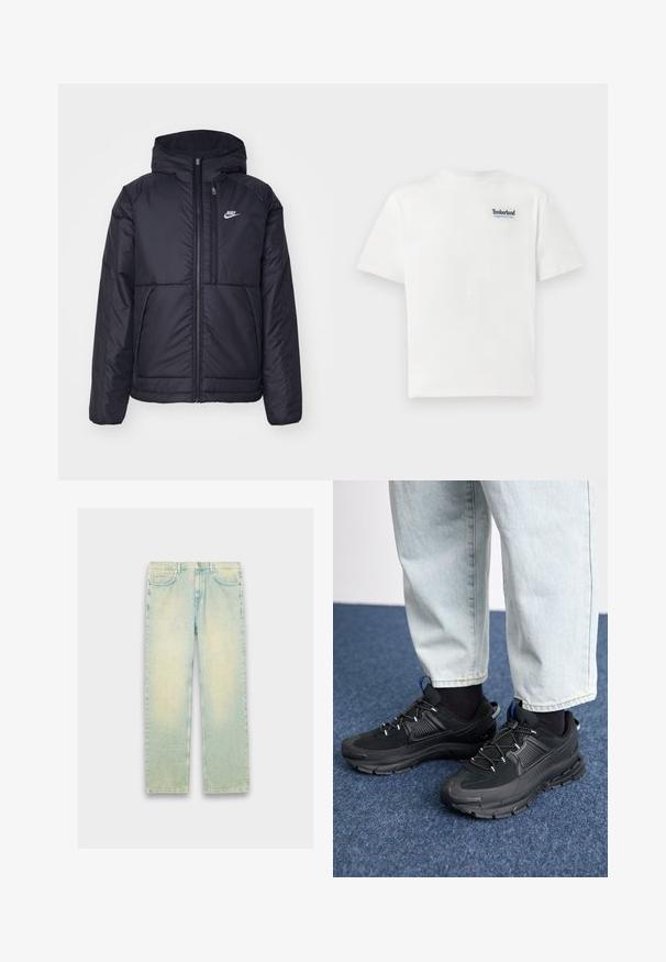 Chaqueta acolchada negra de Nike con cremallera frontal y capucha. Presenta un logo blanco en el lado izquierdo del pecho y dos bolsillos frontales. Textura exterior suave.; Camiseta de algodón blanca con un logo bordado en azul que dice "Timberland Rugged Active Gear" en la parte superior izquierda del pecho. Mangas cortas y cuello redondo.; Vaqueros de mezclilla azul claro con un corte holgado, que cuentan con cinco bolsillos, cremallera en la bragueta y un acabado desgastado en los muslos y las rodillas.; Zapatillas deportivas negras con tejido texturizado y suelas de goma, con cordones elásticos y un acento azul en el talón. Combinadas con pantalones de mezclilla claros.
