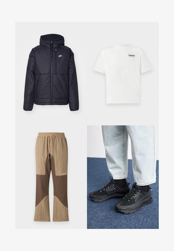 Black, padded Nike jacket with a front zipper and hood. Features a white logo on the left chest and dual front pockets. Smooth exterior texture.; White cotton t-shirt featuring a blue embroidered "Timberland Rugged Active Gear" logo on the upper left chest. Short sleeves and round neck.; Brown and tan color-blocked pants with an elastic waistband, drawstring, and text logo. Made of textured fabric with a relaxed fit.; Black athletic shoes with textured fabric and rubber soles, featuring elastic laces and a blue accent on the heel. Worn with light denim pants.