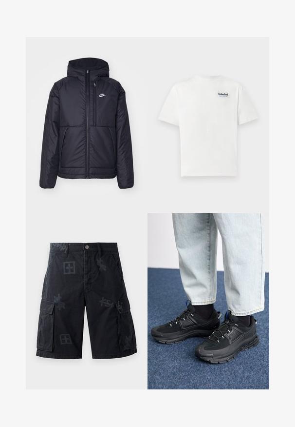 Giacca Nike nera, imbottita, con zip frontale e cappuccio. Presenta un logo bianco sul lato sinistro del petto e doppie tasche frontali. Texture esterna liscia.; T-shirt bianco in cotone con logo ricamato blu "Timberland Rugged Active Gear" sul lato sinistro del petto. Maniche corte e colletto rotondo.; Pantaloni cargo neri con due tasche laterali, chiusura a bottone e motivi grafici tono su tono. Realizzati in tessuto testurizzato.; Scarpe sportive nere con tessuto testurizzato e suole in gomma, dotate di lacci elastici e un accento blu sul tallone. Indossate con pantaloni in denim chiaro.
