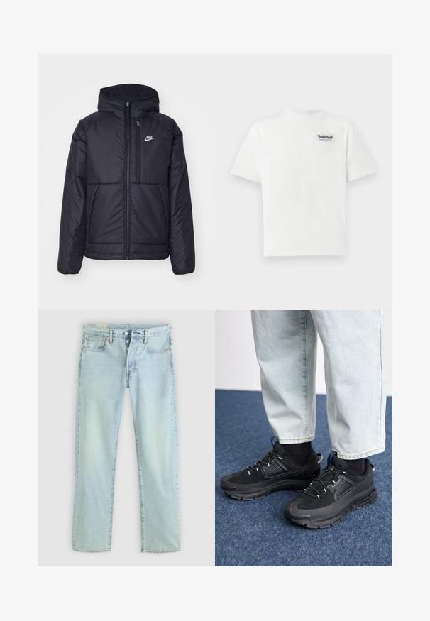 Must musta Nike jope, millel on ees lukuga avamine ja kapuuts. Vasakpoolne rind on kaunistatud valge logoga ning ees on kaks taskut. Sile välimine tekstuur.; Valge puuvillane T-särk, millel on sinine tikand "Timberland Rugged Active Gear" logo vasakul rinnal. Lühikesed varrukad ja ümmargune kaelus.; Heledad sinine teksad sirge lõikega, viie taskuga, nööpidega sulehõlmas ja kerge kulumisega. Omab õmblusdetailide ja vasknõeltega kaunistusi.; Mustad mustad jooksukingad, millel on tekstureeritud kangas ja kummist tallad, elastsed nöörid ning sinine aksent kandadel. Kandmine heledate teksadega.