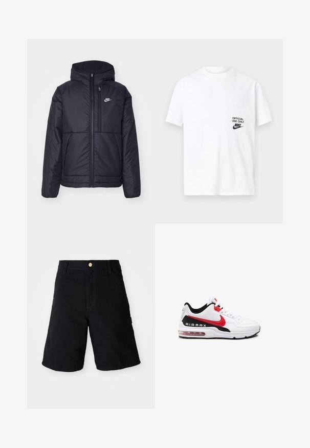 Schwarze, gepolsterte Nike-Jacke mit Frontreißverschluss und Kapuze. Hat ein weißes Logo auf der linken Brust und zwei Fronttaschen. Glattes äußeres Material.; Weißes Baumwoll-T-Shirt mit kurzen Ärmeln, das ein schwarzes Druckdesign trägt, auf dem "NUR FÜR OFFIZIELLE NUTZUNG" zusammen mit dem Nike-Logo auf der linken Seite steht.; Schwarze Denim-Shorts mit Knopfverschluss, geradem Schnitt, seitlichen Taschen und verstärkten Nähten für zusätzliche Haltbarkeit.; Weißer Sportschuh mit schwarz-roten Akzenten, ausgestattet mit einem glatten Leder-Obermaterial, Schnürung vorne und sichtbarer Luftpolsterung in der Sohle.