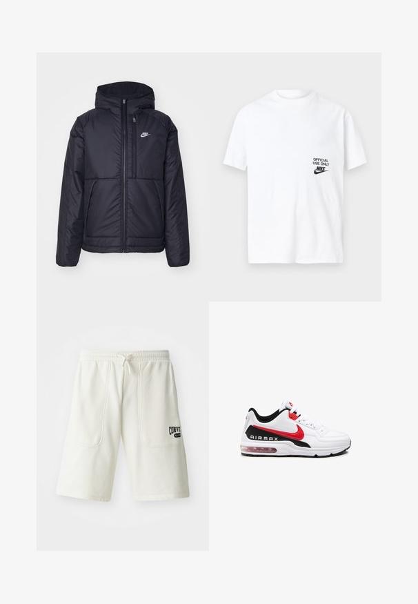 Giacca Nike nera, imbottita, con zip frontale e cappuccio. Presenta un logo bianco sul lato sinistro del petto e doppie tasche frontali. Texture esterna liscia.; T-shirt bianca in cotone a maniche corte, con una stampa nera che recita "USO UFFICIALE SOLO" accanto al logo Nike sul lato sinistro.; Shorts di colore crema realizzati in tessuto morbido, dotati di due grandi tasche laterali e di un logo nero "Converse All Star" sulla gamba destra.; Scarpa sportiva bianca con accenti neri e rossi, caratterizzata da una tomaia in pelle liscia, chiusura con lacci e ammortizzazione d'aria visibile nella suola.