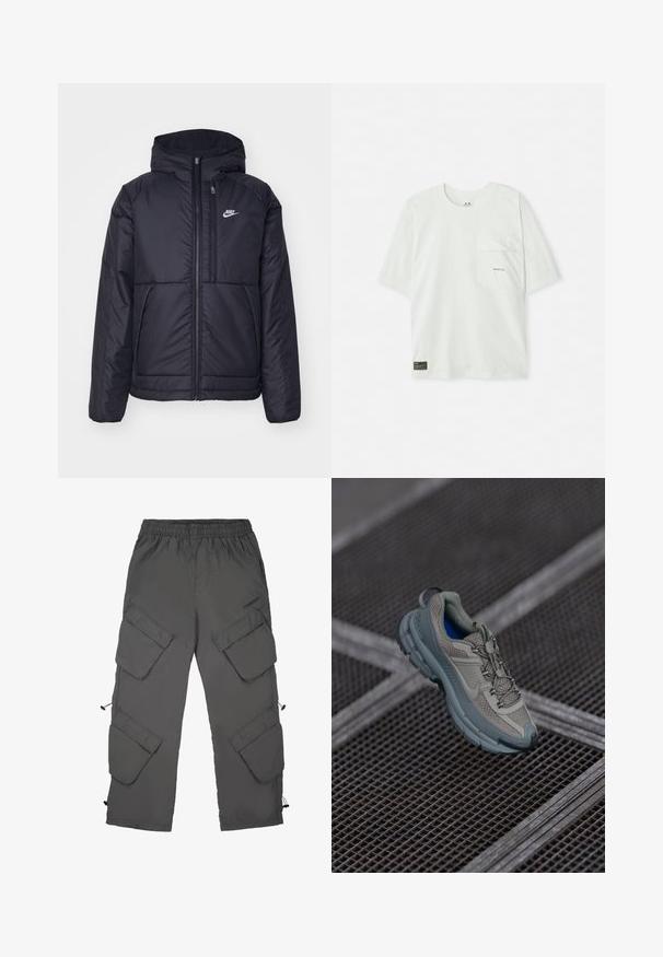 Czarna, pikowana kurtka Nike z przednim zamkiem błyskawicznym i kapturem. Posiada białe logo po lewej stronie klatki piersiowej oraz podwójne kieszenie z przodu. Gładka struktura zewnętrzna.; Koszulka z krótkim rękawem, w jasnym zielonym kolorze, wykonana z bawełny. Posiada kieszeń na piersi oraz małe logo w pobliżu kieszeni. Miękka tekstura, swobodny design.; Spodnie cargo w ciemno szarym kolorze, z elastycznym pasem, wieloma kieszeniami cargo, sznurkiem do ściągania na końcach nogawek i gładką fakturą.; Beżowe i szare buty sportowe z teksturowaną siateczką, okrągłym noskiem i gumową podeszwą, z sznurówkami i wyściełanym kołnierzem.