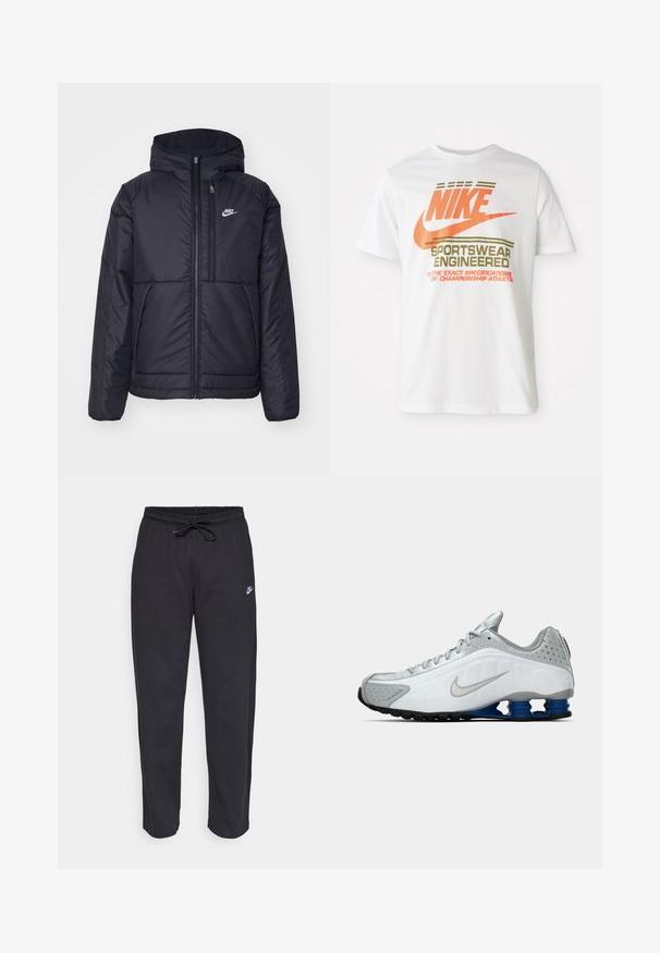 Black, padded Nike jacket with a front zipper and hood. Features a white logo on the left chest and dual front pockets. Smooth exterior texture.; White cotton t-shirt featuring a large orange "NIKE" logo and green text that reads "SPORTSWEAR ENGINEERED" and additional specifications.; Black sweatpants made of soft fabric with an elastic waistband, drawstring, and a small Nike logo on the left thigh.; White and gray Nike running shoe with silver swoosh, blue spring-like sole units, and black tread on a plain background.