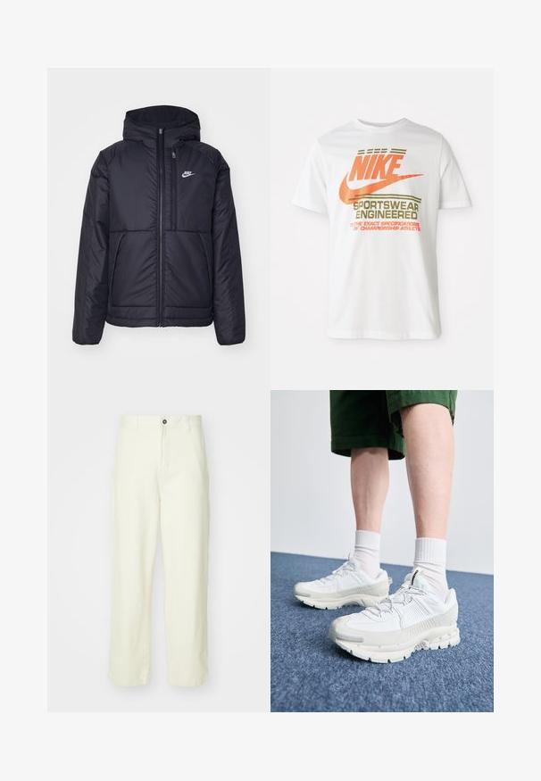 Juodas, paminkštintas Nike džemperis su priekyje užtrauktuku ir gobtuvu. Pasižymi balta logo kairėje krūtinės pusėje ir dviem priekinėmis kišenėmis. Su lygiu išoriniu paviršiumi.; Balta medvilninė marškinė su dideliu oranžiniu "NIKE" logotipu ir žaliais užrašais, kuriais parašyta "SPORTSWEAR ENGINEERED" bei papildomomis specifikacijomis.; Šviesiai geltoni medvilniniai kelnių modeliai su tiesiomis kojomis, turintys priekinį mygtuko užsegimą, diržo kilpas ir švarų, minimalistinį dizainą.; Baltos sportinės bateliai su tekstūruotais uždengimais, masyviu padu ir pilkais akcentais. Dėvimi su baltais trumpais kojiniais ir žaliais šortais mėlyname paviršiuje.