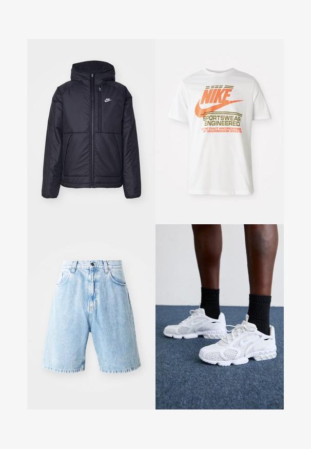 Čierna, polstrovaná bunda Nike so zipsom vpredu a kapucňou. Na ľavej strane hrude sa nachádza biele logo a sú tu dva predné vrecká. Hladký vonkajší povrch.; Biela bavlnená tričko s veľkým oranžovým logom "NIKE" a zeleným textom, ktorý znie "SPORTSWEAR ENGINEERED" a ďalšími špecifikáciami.; Svetlomodré riflové šortky s vysokým pásom, obsahujúce dve predné vrecká, zapínanie na gombík a rozstrapkaný lem. Bezstarostný strih.; Biele športové topánky s priedušnou sieťovinou, textúrovanými akcentmi a polstrovanou podrážkou. Kombinované s čiernymi rebrovanými členkovými ponožkami na modrom kobercovom povrchu.