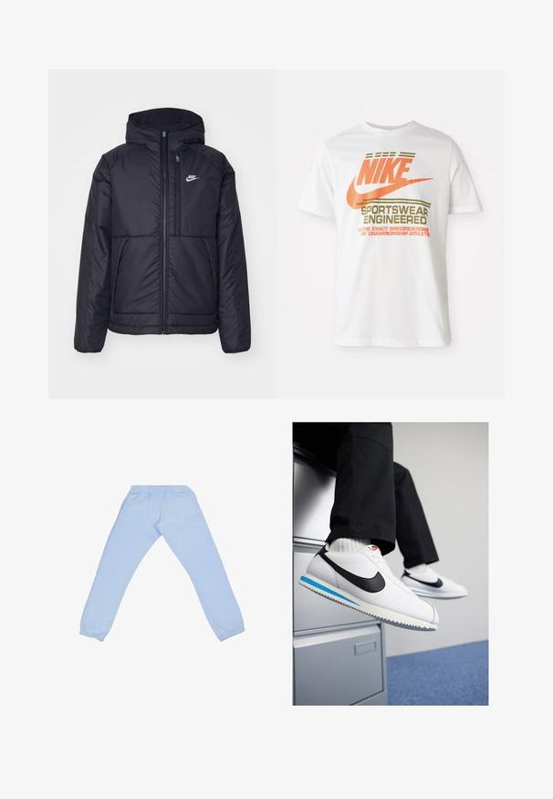 Juodas, paminkštintas Nike džemperis su priekyje užtrauktuku ir gobtuvu. Pasižymi balta logo kairėje krūtinės pusėje ir dviem priekinėmis kišenėmis. Su lygiu išoriniu paviršiumi.; Balta medvilninė marškinė su dideliu oranžiniu "NIKE" logotipu ir žaliais užrašais, kuriais parašyta "SPORTSWEAR ENGINEERED" bei papildomomis specifikacijomis.; Mėlynos spalvos sportinės kelnės, pagamintos iš minkštos medžiagos, su elastinga juosmeniu, siaurėjančiomis kojomis ir nepastebimu logotipo detalumu šone.; Baltos odinės sportbačiai su juodu Nike logotipu, šviesiai mėlyna ir pilka guma padais bei klasikiniu raištelių dizainu. Kojos remiasi į dokumentų spintą.