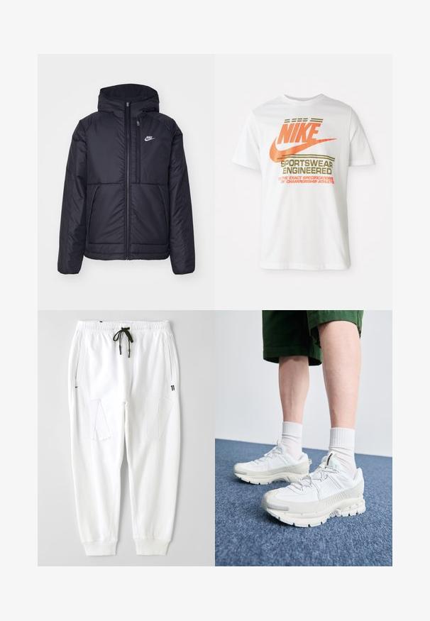 Casaco Nike preto, acolchoado, com fecho à frente e capuz. Apresenta um logo branco no lado esquerdo do peito e dois bolsos frontais. Textura exterior lisa.; T-shirt de algodão branca com um grande logótipo laranja "NIKE" e texto verde que diz "SPORTSWEAR ENGINEERED" e especificações adicionais.; Calças de moletão brancas em algodão com um corte relaxado, apresentando bolsos laterais e dois detalhes texturizados em forma de remendo com corte diagonal. Cintura elástica com cordão.; Sapatos atléticos brancos com sobreposições texturizadas, sola espessa e detalhes em cinza. Usados com meias brancas até ao tornozelo e calções verdes sobre uma superfície azul.