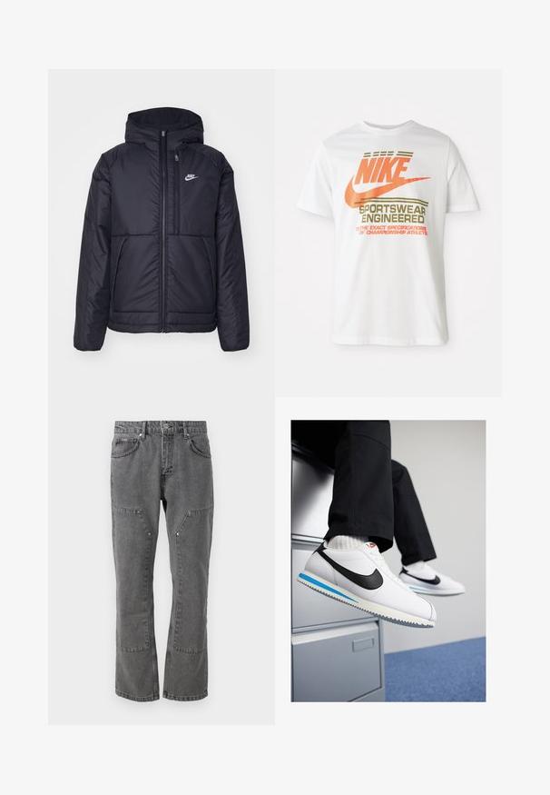 Črna, podložena Nike jakna z sprednjim zadrgo in kapuco. Ima bel logo na levem prsnem delu in dvojna sprednja žepa. Gladka zunanja tekstura.; Bela bombažna majica s velikim oranžnim logotipom "NIKE" in zelenim napisom "SPORTSWEAR ENGINEERED" ter dodatnimi specifikacijami.; Sive jeans iz džinsa s ravnim krojem, ki imajo sprednje žepe, gumbe na nogah in čisto, nedotaknjeno teksturo.; Bele usnjene teniske z črnim Nikeovim simbolom, svetlo modrim in sivo gumijastim podplatom ter klasičnim vezalnim dizajnom. Noge so poležane na omarici za dokumente.