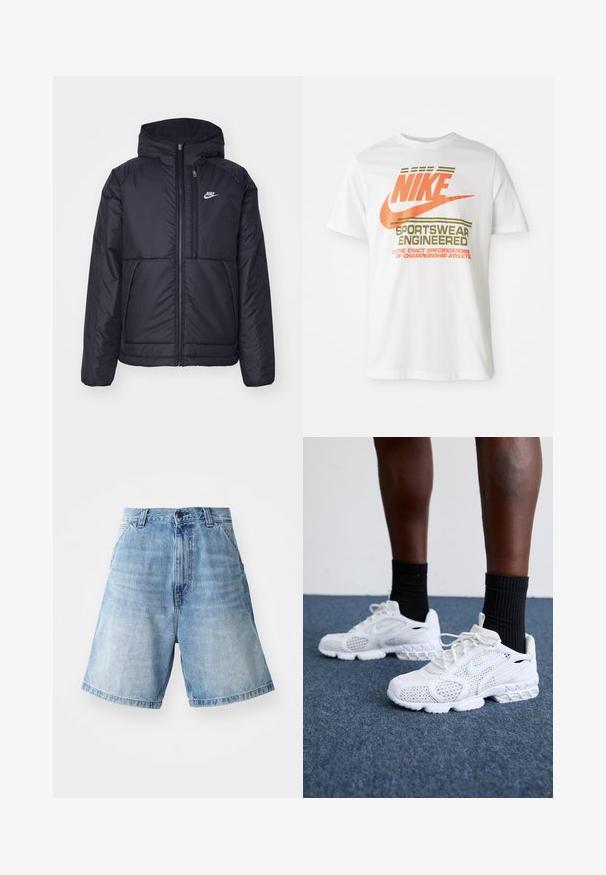 Melna, pufota Nike jaka ar priekšējo rāvējslēdzēju un kapuci. Iezīmēta ar baltu logotipu uz kreisās krūtis un divām priekšējām kabatām. Gluda ārējā tekstūra.; Balta kokvilnas t-kreklu ar lielu oranžu "NIKE" logo un zaļu tekstu, kas lasa "SPORTSWEAR ENGINEERED" un papildu specifikācijas.; Gai zila džinsu šorti ar brīvu piegriezumu, augstu jostasvietu, piecu kabatu dizainu un redzamām šuvju detaļām.; Baltie sporta apavi ar sietiņu augšdaļu, rakstainiem akcentiem un mīkstu zoli. Apvienoti ar melniem ribotām potīšu zeķēm uz zilas paklāja virsmas.