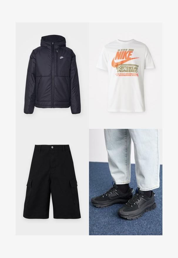 Melna, pufota Nike jaka ar priekšējo rāvējslēdzēju un kapuci. Iezīmēta ar baltu logotipu uz kreisās krūtis un divām priekšējām kabatām. Gluda ārējā tekstūra.; Balta kokvilnas t-kreklu ar lielu oranžu "NIKE" logo un zaļu tekstu, kas lasa "SPORTSWEAR ENGINEERED" un papildu specifikācijas.; Melnas cargo šorts, izgatavoti no izturīga auduma. Iekļauta divu sānu kabatu, rāvējslēdzēja aizdare un vienkārša josta ar metāla pogu.; Melni sporta apavi ar strukturētu audumu un gumijas zoli, ar elastīgām auklām un zilu akcentu uz papēža. Nēsāti ar gaišām džinsu biksēm.