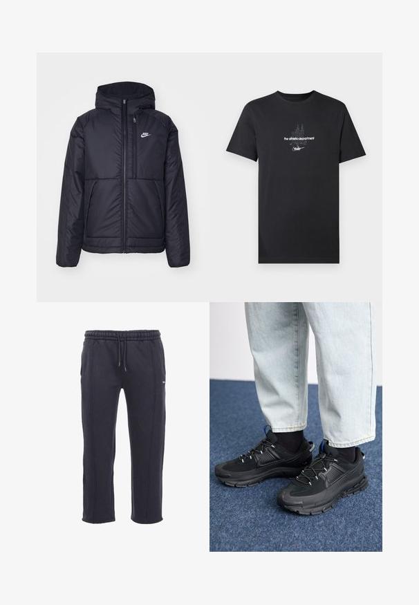 Veste Nike noire rembourrée avec une fermeture éclair sur le devant et une capuche. Elle présente un logo blanc sur la poitrine gauche et deux poches avant. Texture extérieure lisse.; T-shirt en coton noir avec un motif graphique blanc incluant le texte « the athletic department » et « nike », à manches courtes.; Pantalons de survêtement gris foncé en tissu doux, dotés d'une taille élastique avec cordon de serrage, de poches latérales et de coutures visibles.; Des chaussures de sport noires avec un tissu texturé et des semelles en caoutchouc, dotées de lacets élastiques et d'un accent bleu au talon. Portées avec un pantalon en denim clair.