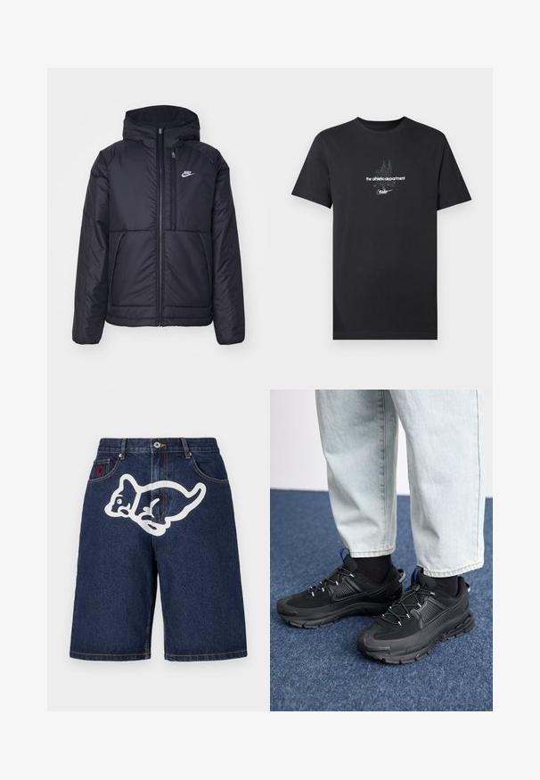 Sort, polstret Nike-jakke med frontlynlås og hætte. Har et hvidt logo på venstre bryst og to frontlommer. Glat ydre tekstur.; Sort bomulds t-shirt med hvidt grafisk design med tekst, herunder "the athletic department" og "nike," samt korte ærmer.; Icecream RUNNING PUPPY - Denimshorts - indigo; Sorte træningssko med tekstureret stof og gummisåler, udstyret med elastiske snørebånd og en blå detalje på hælen. Bæres med lyse denimbukser.