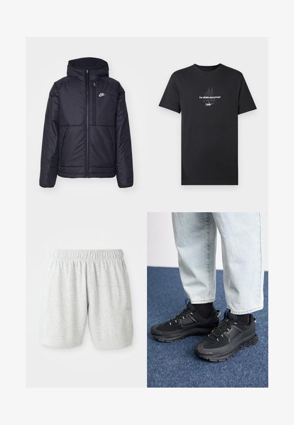 Black, padded Nike jacket with a front zipper and hood. Features a white logo on the left chest and dual front pockets. Smooth exterior texture.; Black cotton t-shirt featuring a white graphic design with text, including "the athletic department" and "nike," and short sleeves.; Gray cotton shorts with an elastic waistband, featuring a smooth texture and side seam pockets. Subtle logo detail on the hem.; Black athletic shoes with textured fabric and rubber soles, featuring elastic laces and a blue accent on the heel. Worn with light denim pants.