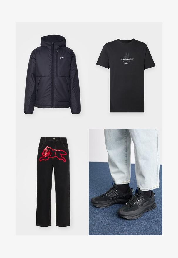 Zwarte, gewatteerde Nike-jas met een voorkant met ritssluiting en capuchon. Kenmerkt zich door een wit logo op de linkerborst en dubbele frontzakken. Gladde buitenkant.; Zwart katoenen T-shirt met een wit grafisch ontwerp met tekst, waaronder "the athletic department" en "nike", en korte mouwen.; Zwarte denim spijkerbroek met een grote rode afbeelding van een springende kat op de achterzak, met contrasterende gele stiksels langs de naden.; Zwarte sportschoenen met gestructureerde stof en rubberen zolen, met elastische veters en een blauwe accent op de hiel. Draag samen met lichte spijkerbroeken.