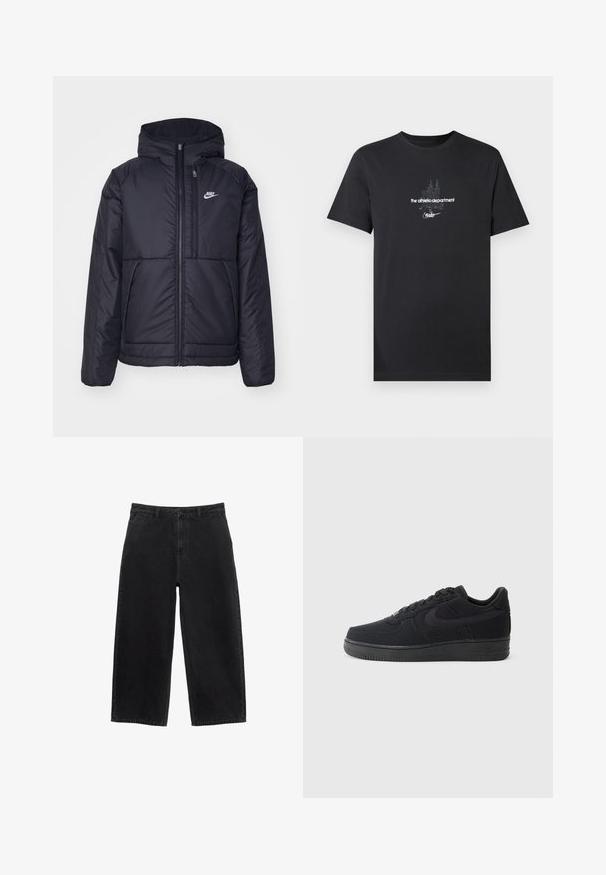 Crna Nike jakna s podstavom, dugmadi sprijeda i kapuljačom. Ima bijeli logotip na lijevoj strani prsnog koša i dva prednja džepa. Glatka vanjska tekstura.; Crna pamučna majica kratkih rukava s bijelim grafičkim dizajnom i tekstom, uključujući "the athletic department" i "nike".; Crne traperice širokih nogavica visokog struka, s prednjim zatvaranjem na gumb i standardnim džepovima. Glatka tekstura i čiste linije.; Crne tenisice s gornjim dijelom od platna i sintetičkih materijala, s zaobljenim vrhom, ravnim vezicama, podstavljenim ovratnikom i teksturiranom gumenom potplatom.