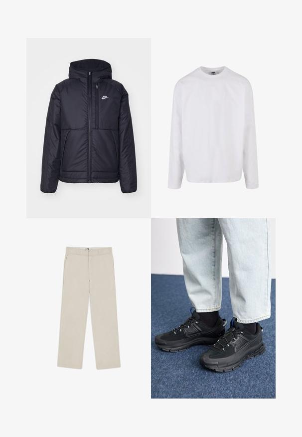 Schwarze, gepolsterte Nike-Jacke mit Frontreißverschluss und Kapuze. Hat ein weißes Logo auf der linken Brust und zwei Fronttaschen. Glattes äußeres Material.; Langärmliges weißes Baumwoll-T-Shirt mit rundem Ausschnitt, lässiger Passform und ohne sichtbare Muster oder Akzente. Glatte Textur.; Beige Weitbein-Hosen mit glatter Textur, ausgestattet mit Gürtelschlaufen, zwei vorderen Taschen und einem Reißverschluss. Minimalistisches Design.; Schwarze Sportschuhe aus strukturiertem Stoff mit Gummisohlen, ausgestattet mit elastischen Schnürsenkeln und einem blauen Akzent an der Ferse. Getragen mit hellen Jeans.