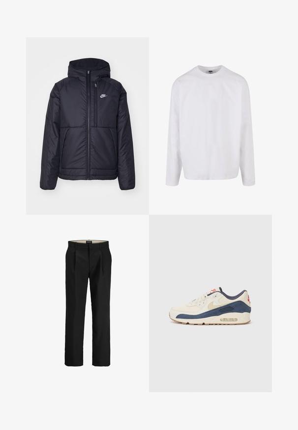 Černá zateplená bunda Nike s předním zipem a kapucí. Na levé straně hrudi má bílé logo a dvojité přední kapsy. Hladký povrch.; Bílý bavlněný tričko s dlouhým rukávem, kulatým výstřihem, pohodlným střihem a bez viditelných vzorů nebo akcentů. Hladký povrch.; Černé elegantní kalhoty s plochým předním dílem, dvěma postranními kapsami, hladkým povrchem a rovným střihem nohavic. Obsahují poutka na pásek pro zvýšení stylu.; Tenisky s krémovým koženým svrškem a námořnickým semišem, s viditelnou vzduchovou podrážkou, béžovou gumovou podešví a červeným akcentem na patě.