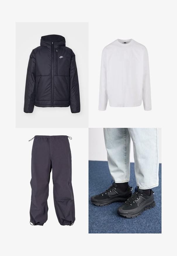 Zwarte, gewatteerde Nike-jas met een voorkant met ritssluiting en capuchon. Kenmerkt zich door een wit logo op de linkerborst en dubbele frontzakken. Gladde buitenkant.; Witte katoenen t-shirt met lange mouwen en een ronde halslijn, een relaxte pasvorm, en zonder zichtbare patronen of accenten. Glad van textuur.; Donkergrijze waterdichte broek met een elastische tailleband, verstelbaar trekkoord en aansluitende boorden. Glad textuur met een losse pasvorm.; Zwarte sportschoenen met gestructureerde stof en rubberen zolen, met elastische veters en een blauwe accent op de hiel. Draag samen met lichte spijkerbroeken.
