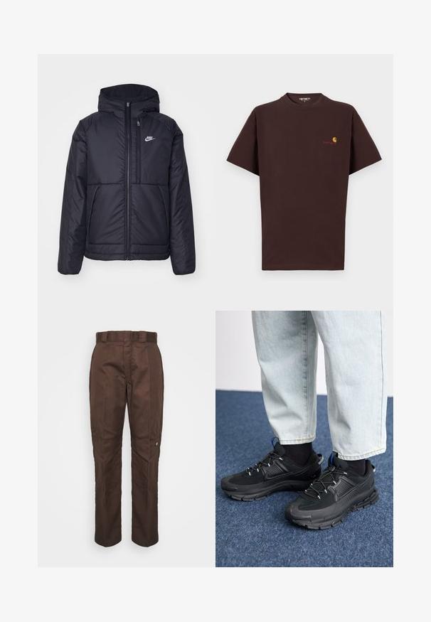 Musta, pehmustettu Nike-takki, jossa on etuvetoketju ja huppu. Vasemmassa rinnassa on valkoinen logo ja takissa on kaksinkertaiset etutaskut. Pintakoe on sileä.; Ruskea puuvillapaita lyhyillä hihoilla, pyöreä kaula-aukko, vasemmassa rinnassa oranssi ja punainen logo, suora helma ja rento istuvuus.; Ruske hlače ravnog kroja s glatkom teksturom. Imaju petlju za remen, bočne šavove i mali logotip brenda na lijevoj nozi.; Mustat urheilukengät, joissa on teksturoitu kangas ja kumipohjat, elastiset nauhat ja sininen yksityiskohta kannassa. Yhdistetty vaaleisiin farkkuihin.