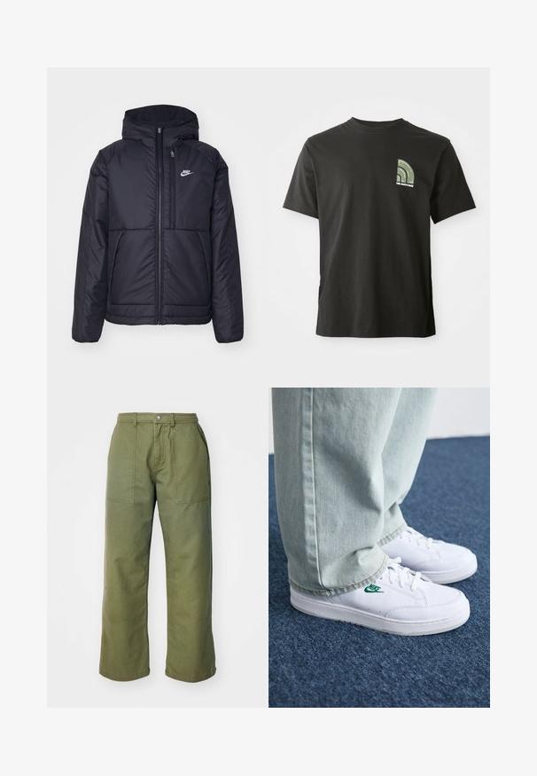 Veste Nike noire rembourrée avec une fermeture éclair sur le devant et une capuche. Elle présente un logo blanc sur la poitrine gauche et deux poches avant. Texture extérieure lisse.; T-shirt noir à manches courtes et col rond avec un petit logo en quart de cercle vert et blanc et le texte "The North Face" sur la poitrine gauche.; Pantalons larges en vert olive fabriqués dans un tissu robuste, avec une fermeture éclair, des poches avant et des détails de couture simples.; Baskets en cuir blanc avec logo Nike vert, bout rond, semelle plate, associées à un pantalon en denim bleu clair, présentées sur un tapis bleu.