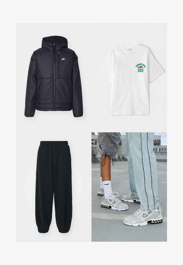 Casaco Nike preto, acolchoado, com fecho à frente e capuz. Apresenta um logo branco no lado esquerdo do peito e dois bolsos frontais. Textura exterior lisa.; T-shirt de algodão branca com um texto gráfico em verde e vermelho no lado esquerdo do peito que diz "cashart Who Pronto Subito." Mangas curtas.; Calças de fato de treino pretas, com cintura elástica e um corte solto, com punhos nas pernas, textura suave e sem padrões visíveis ou detalhes de metal.; Ténis de desporto Nike em material de malha prateada, com atacadores brancos, um logo Swoosh preto e uma sola de amortecimento em negro e vermelho.