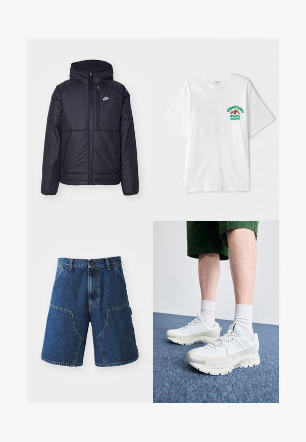 Fekete, párnázott Nike dzseki elülső cipzárral és kapucnival. A bal mellen fehér logó található, valamint két elülső zseb. Simának tűnő külső felület.; Fehér pamut póló, bal mellrészen zöld és piros grafikus felirattal, melyen az áll: "cashart Who Pronto Subito." Rövid ujjú.; Sötét kék mosású farmer rövidnadrág, nagy elülső zsebekkel, gombos záródással és látható varrásokkal a varratok mentén.; Fehér sportcipők texturált burkolattal, vastag talppal és szürke részletekkel. Fehér sportzoknival és zöld rövidnadrággal viselve, kék felületen.