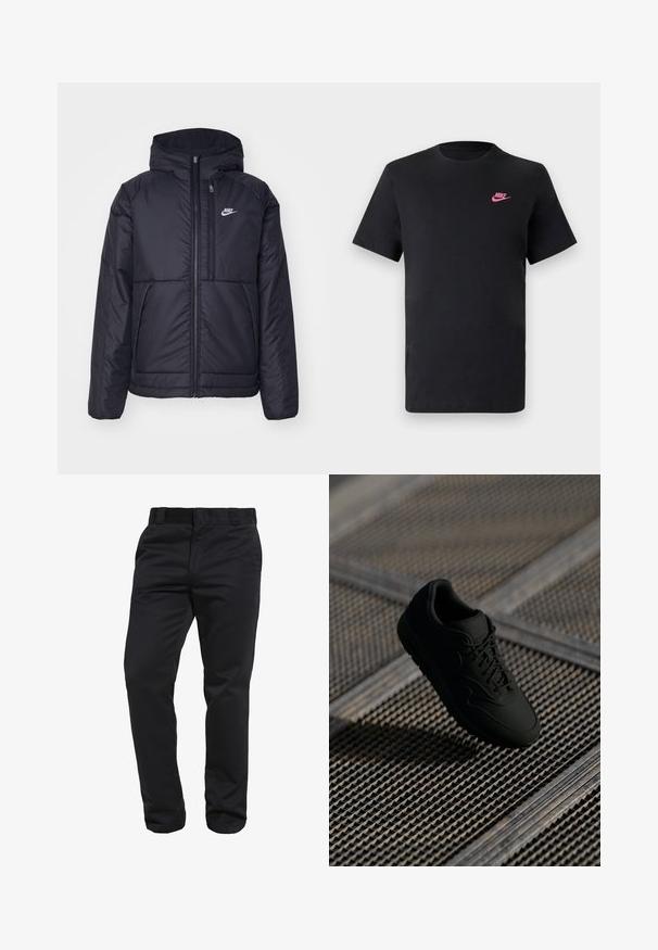 Giacca Nike nera, imbottita, con zip frontale e cappuccio. Presenta un logo bianco sul lato sinistro del petto e doppie tasche frontali. Texture esterna liscia.; T-shirt in cotone nero con scollatura tonda e maniche corte. Presenta un logo Nike rosa sulla parte superiore sinistra. Texture liscia.; Pantaloni neri a gamba dritta realizzati in tessuto liscio, dotati di passanti per cintura e tasche frontali, con una silhouette pulita e sartoriale.; Sneaker nera con una texture liscia, punta rotonda, allacciatura frontale e branding sottile. Esibita su uno sfondo testurizzato e industriale.