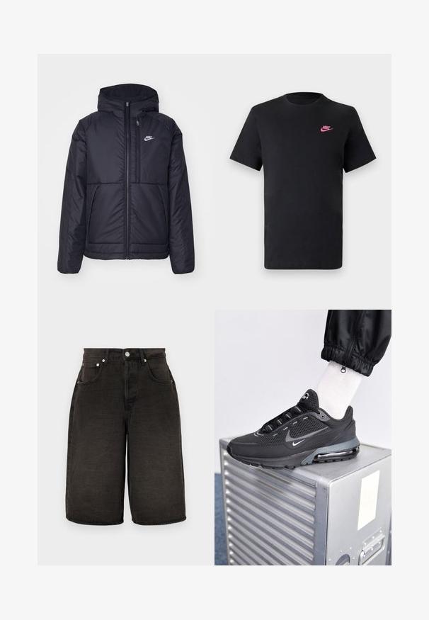 Giacca Nike nera, imbottita, con zip frontale e cappuccio. Presenta un logo bianco sul lato sinistro del petto e doppie tasche frontali. Texture esterna liscia.; T-shirt in cotone nero con scollatura tonda e maniche corte. Presenta un logo Nike rosa sulla parte superiore sinistra. Texture liscia.; Shorts in denim nero con taglio dritto, dotati di tasche frontali, chiusura con zip e tessuto testurizzato con pieghe sottili. Accenti in metallo argentato.; Nike Sportswear PULSE - Sneakers basse - black/anthracite
