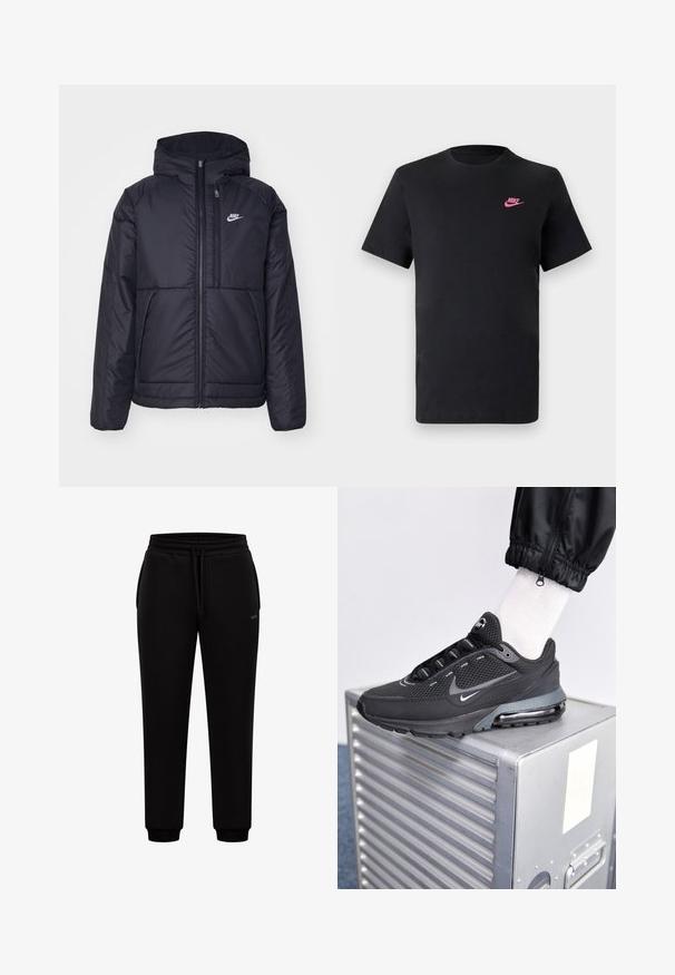 Zwarte, gewatteerde Nike-jas met een voorkant met ritssluiting en capuchon. Kenmerkt zich door een wit logo op de linkerborst en dubbele frontzakken. Gladde buitenkant.; Zwarte katoenen T-shirt met een ronde halslijn en korte mouwen. Bevat een roze Nike-logo aan de bovenkant aan de linkerzijde. Glad textuur.; Zwarte joggingsbroek met elastische tailleband, trekkoord, zijzakken, geribbelde manchetten en een klein rechthoekig logo op de rechterdij.; Nike Sportswear PULSE - Sneakers laag - black/anthracite