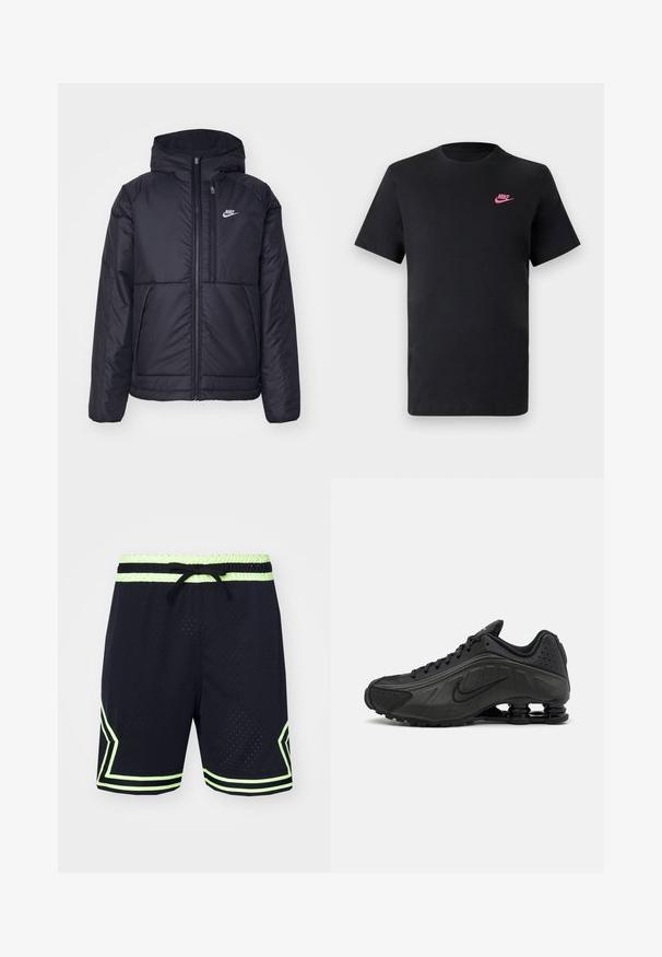 Casaco Nike preto, acolchoado, com fecho à frente e capuz. Apresenta um logo branco no lado esquerdo do peito e dois bolsos frontais. Textura exterior lisa.; T-shirt de algodão preto com decote redondo e mangas curtas. Apresenta um logótipo da Nike rosa no lado superior esquerdo. Textura suave.; Jordan DIAMOND SHORT - Calções desportivos - black/volt glow; Ténis de corrida pretos com um upper sintético suave, acentos perfurados, painéis laterais texturizados e uma sola distinta e elástica.