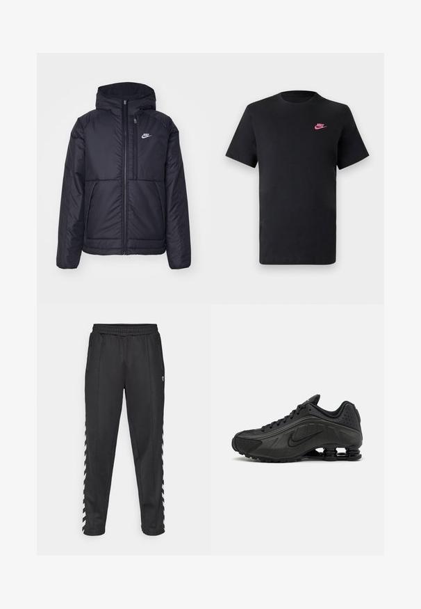Svart, polstret Nike-jakke med frontglidelås og hette. Har en hvit logo på venstre bryst og doble frontlommer. Glatt ytterside.; Svart bomull T-skjorte med rund hals og korte ermer. Har en rosa Nike-logo på øvre venstre side. Glatt tekstur.; Sorte treningsbukser med elastisk midje, med sidelommer med glidelås og hvite sikksakk-detaljer langs sidene. Glatt tekstur.; Sorte joggesko med en glatt syntetisk overdel, perforerte detaljer, teksturerte sidepaneler og en distinkt fjærende såle.