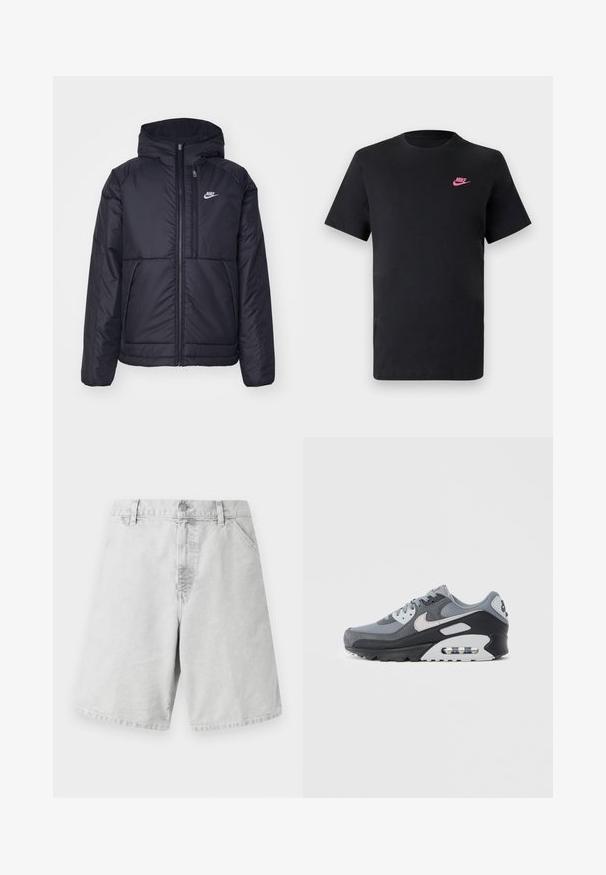Fekete, párnázott Nike dzseki elülső cipzárral és kapucnival. A bal mellen fehér logó található, valamint két elülső zseb. Simának tűnő külső felület.; Fekete pamut póló kerek nyakkivágással és rövid ujjakkal. Bal felső oldalon rózsaszín Nike logóval. Sima textúra.; Világosszürke pamutsort klasszikus szabással, cipzáras reteszeléssel, övhurkokkal és oldalsó zsebekkel. Simaságával és egyszerű dizájnjával tűnik ki.; Szürke tornacipő hálós és hasított bőr anyagok keverékével, fekete talppal és látható légpárnával. Jellegzetes világosszürke részletek és fűzők.