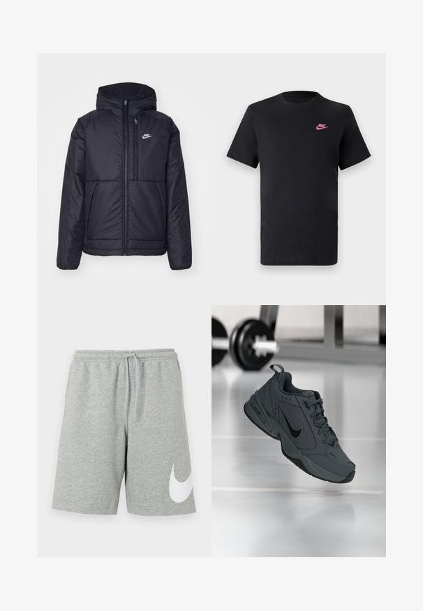 Casaco Nike preto, acolchoado, com fecho à frente e capuz. Apresenta um logo branco no lado esquerdo do peito e dois bolsos frontais. Textura exterior lisa.; T-shirt de algodão preto com decote redondo e mangas curtas. Apresenta um logótipo da Nike rosa no lado superior esquerdo. Textura suave.; Shorts de algodão cinza com um cós elástico e cordão ajustável. Apresenta um grande logotipo branco da Nike na perna esquerda.; Sapatilha Nike Air Monarch cinza escura suspensa no interior, com pesos de ginásio desfocados ao fundo sobre um piso brilhante.